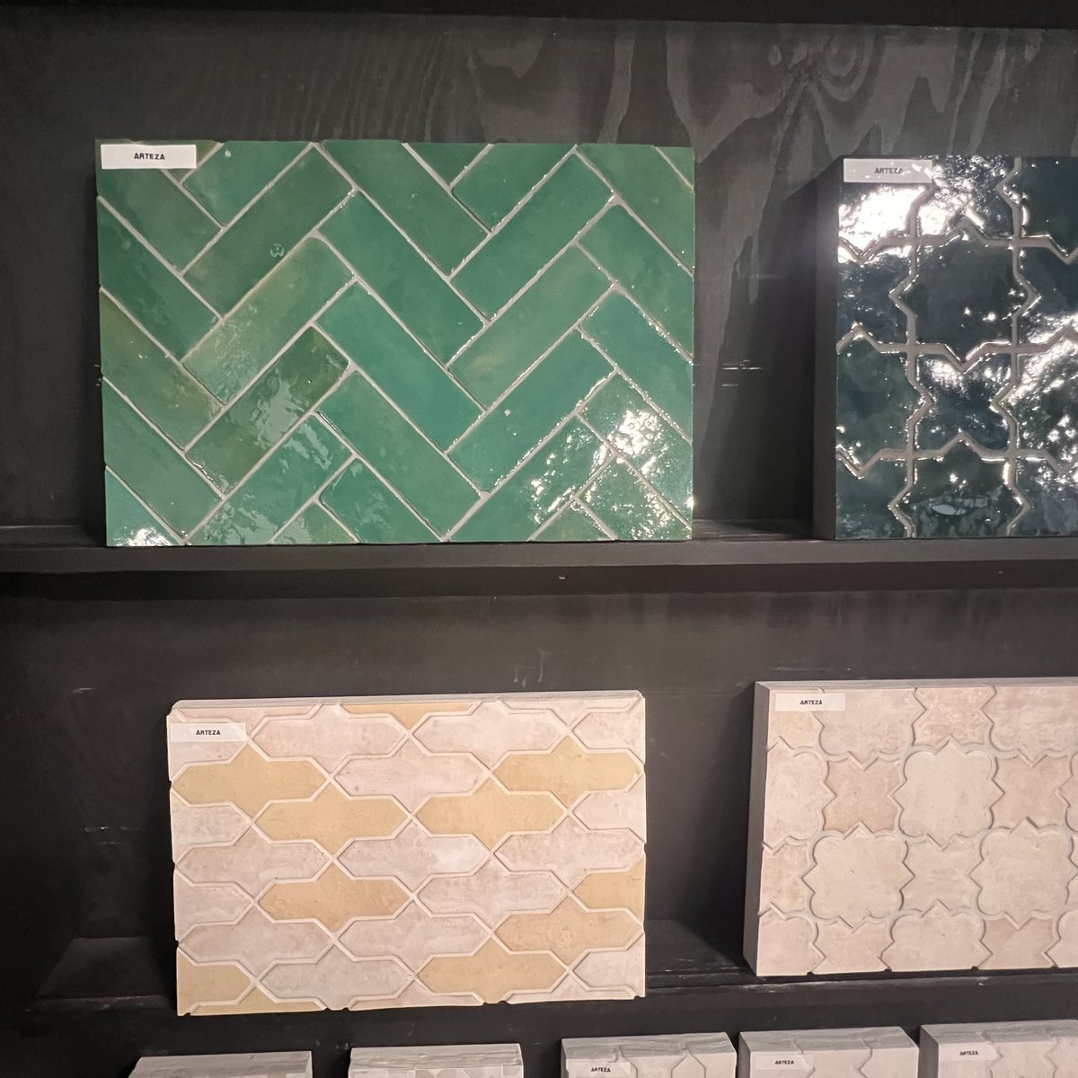 Glossy green herringbone handmade look tile at Evansville Tile Distributors