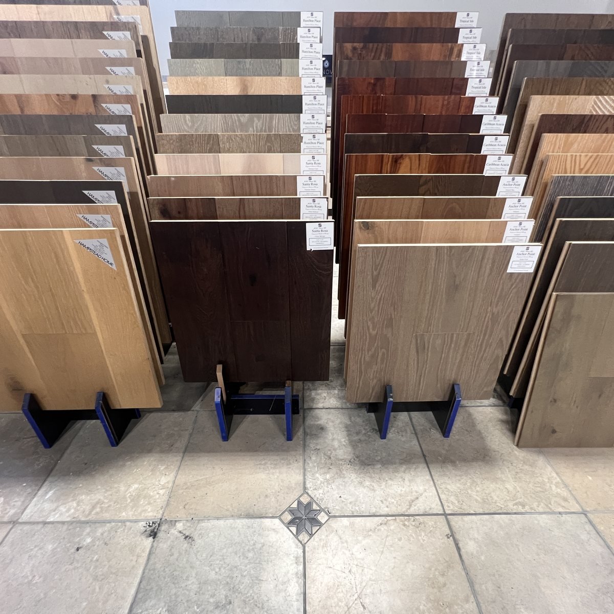 hardwood-flooring-sample-racks-evansville-in Hardwood flooring sample racks from light to dark at Evansville Tile Distributors