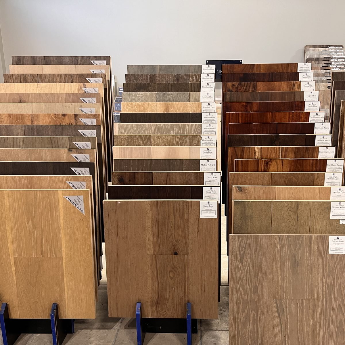 Hardwood and LVP flooring samples at Evansville Tile Distributors