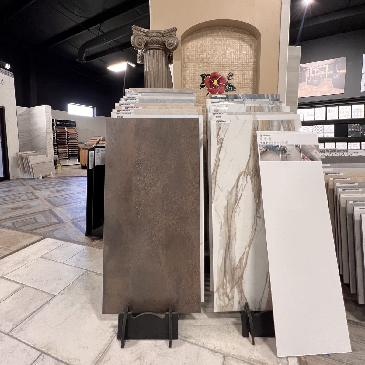 Large marble look and stone look porcelain tile in the Evansville IN showroom