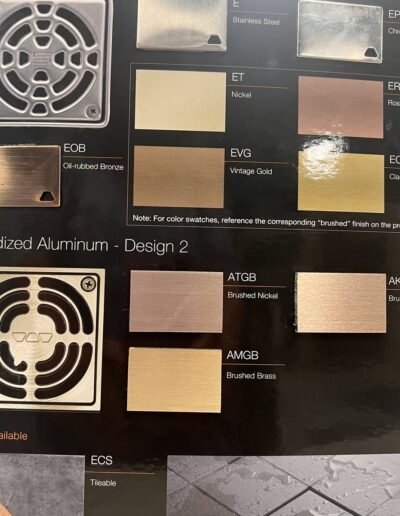 Schluter drain grate finish chart with brushed nickel, copper, and brass in Evansville IN
