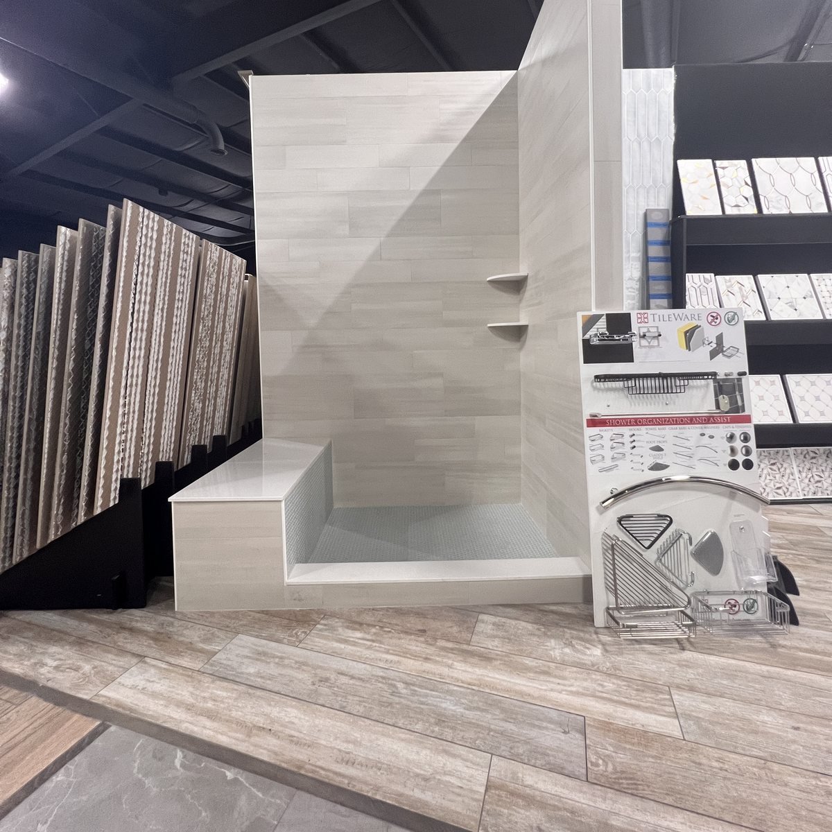 wood-look-porcelain-shower-display-evansville-in Shower display with wood look porcelain tile walls and floor in Evansville IN